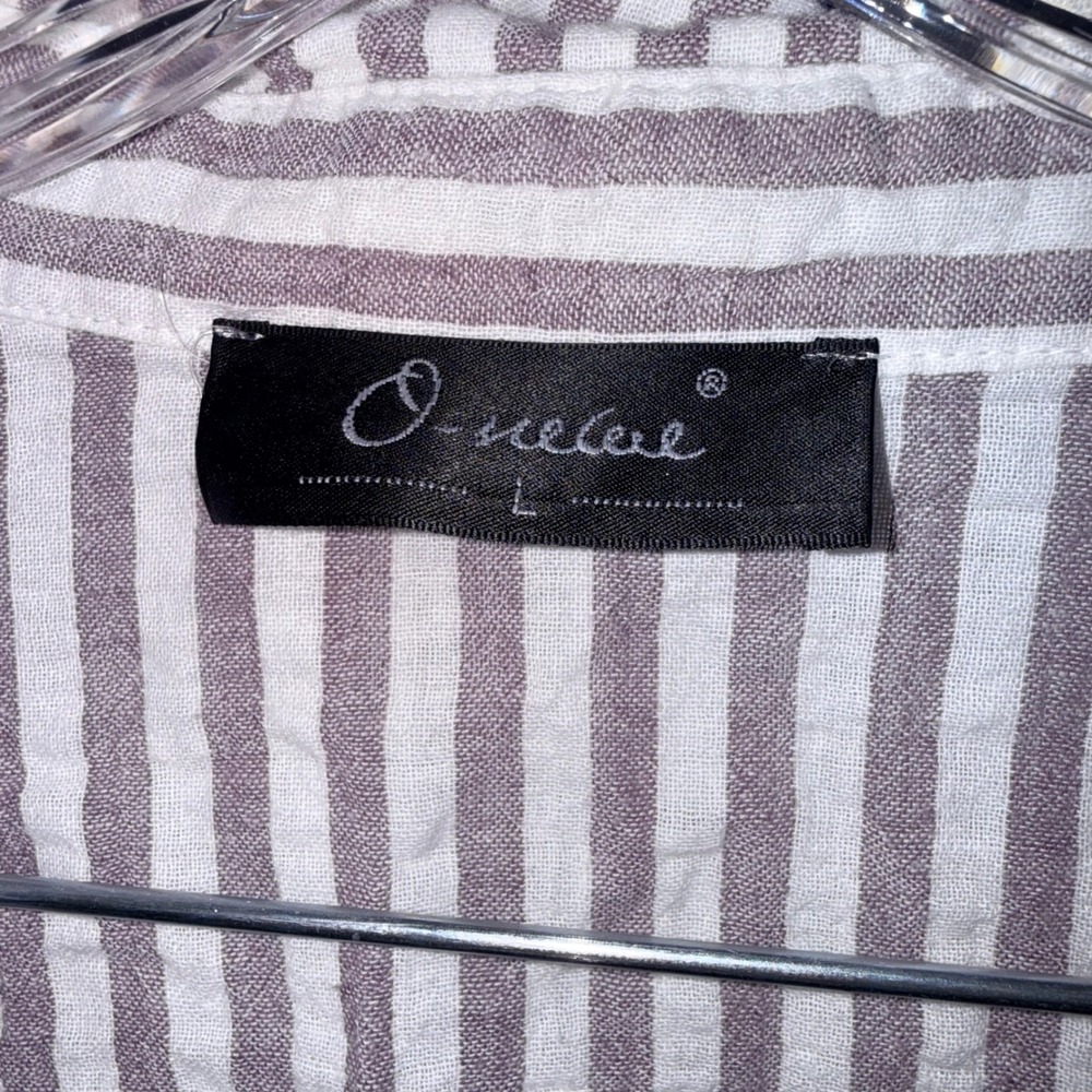 O-neue Striped Button Down Shirt Womens L Mauve White Textured Gauze - Picture 3 of 3